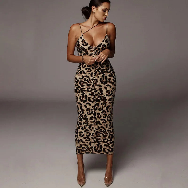 Leopard Print Bodycon Midi Dress | Sexy Spaghetti Strap Dress