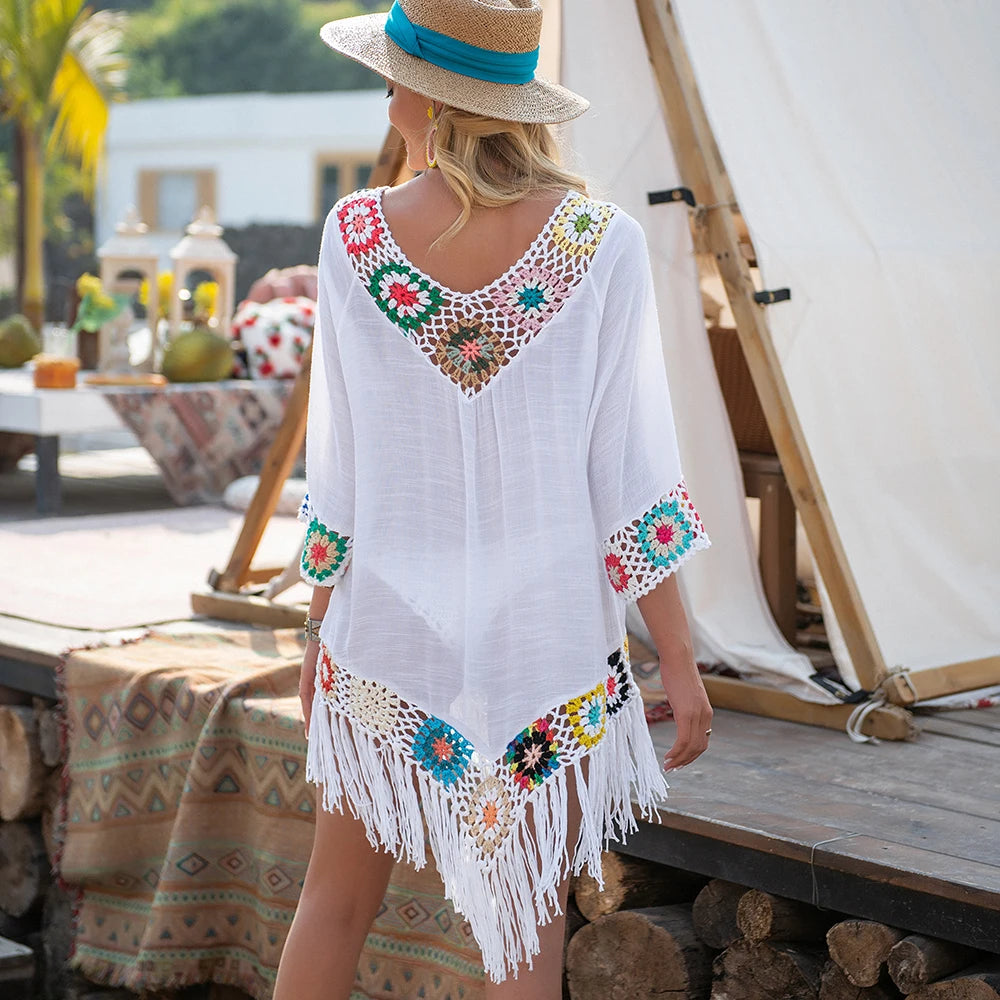White Crochet Fringe Beach Cover Up | Boho Kaftan Dress