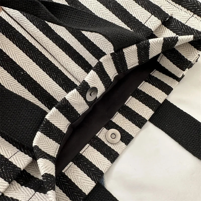 Striped Canvas Tote Bag for Women | Large Capacity Shoulder Handbag | Casual Travel Shopper Purse | Everyday Utility Tote