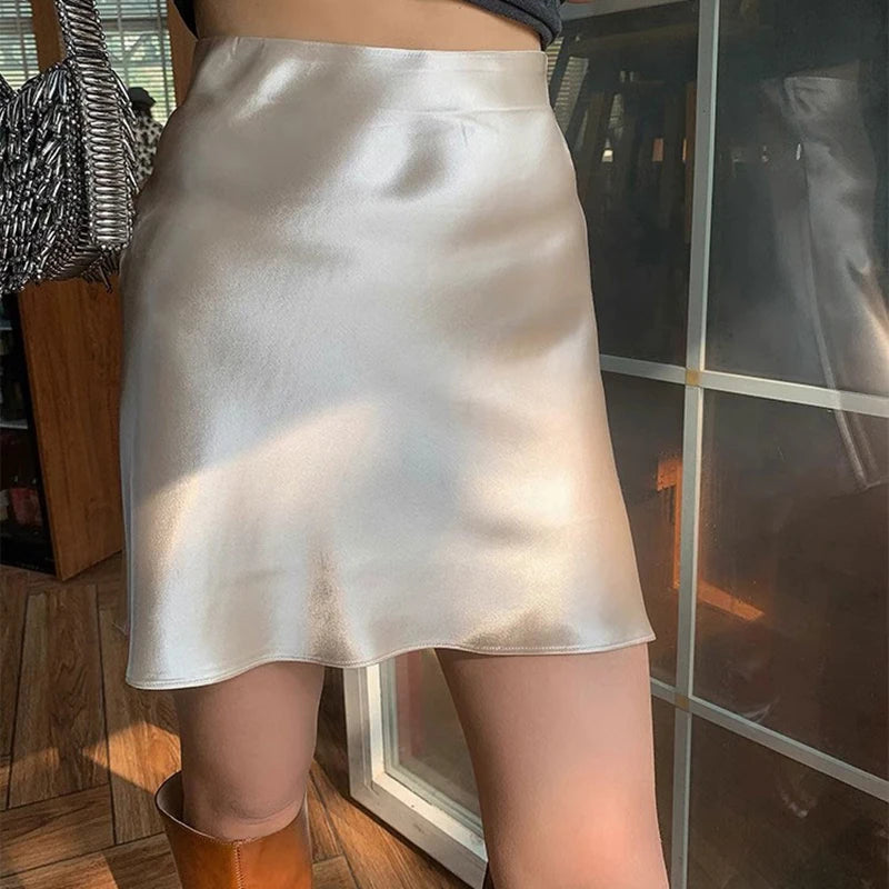 Women Satin Mini Skirt High Waist Silk Look Slip Skirt Casual Chic Skirt