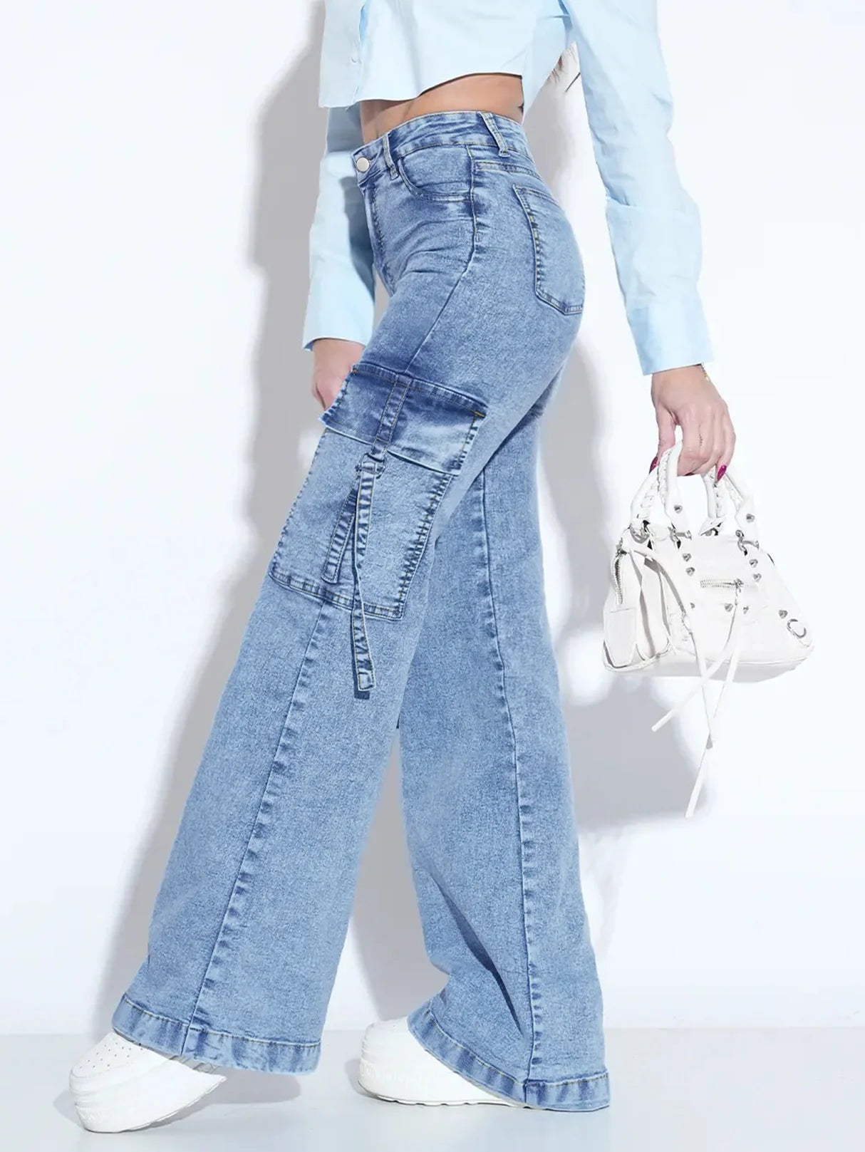 Women High Waist Cargo Wide Leg Jeans Streetwear Baggy Denim Pants