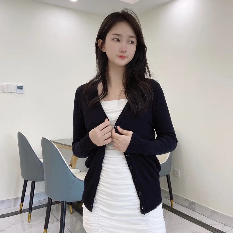 Women’s Black Lightweight Knit Cardigan | Slim Fit Button-Up V Neck Layering Sweater for Everyday Wear