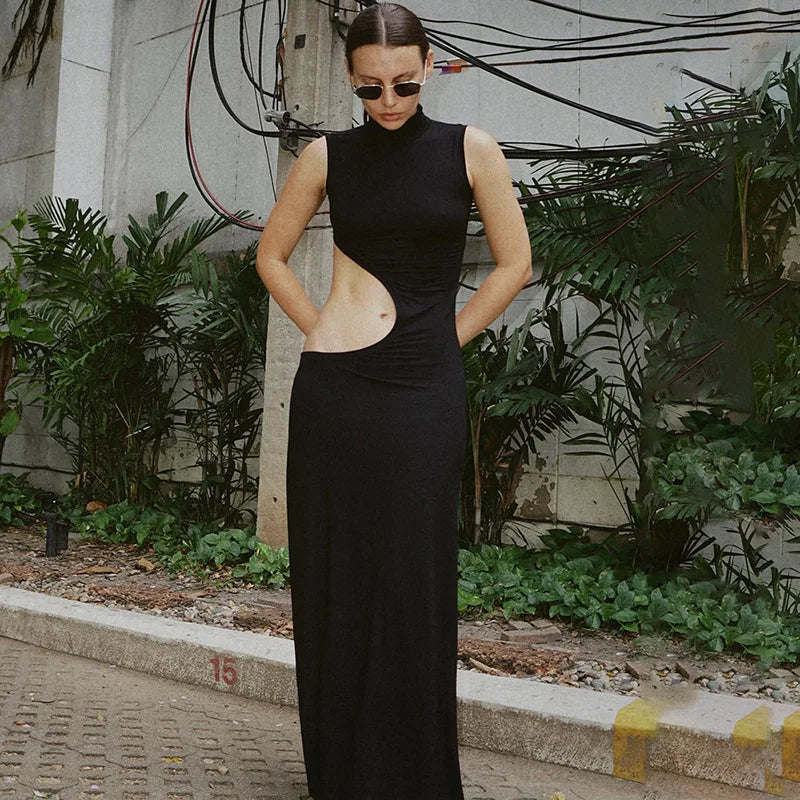 Cut Out Bodycon Maxi Dress Women | High Neck Sleeveless Evening Dress