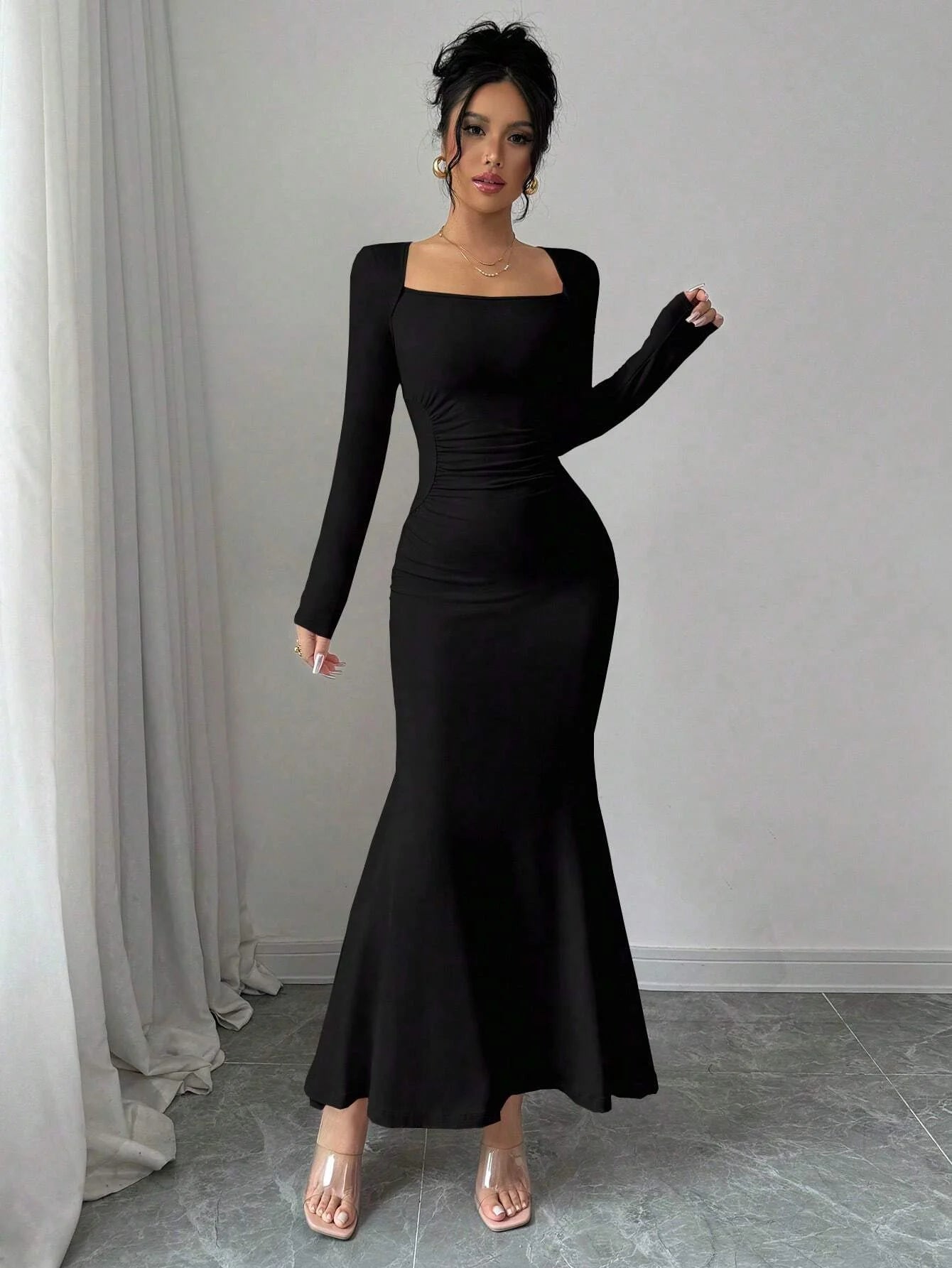 Women’s Square Neck Maxi Dress | Long Sleeve Ruched Bodycon Mermaid Dress for Weddings, Date Nights & Elegant Evening Wear