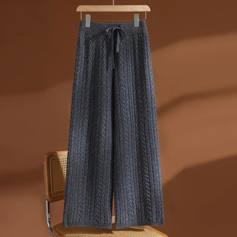 Women Cable Knit Wide Leg Lounge Pants High Waist Winter Palazzo Trousers