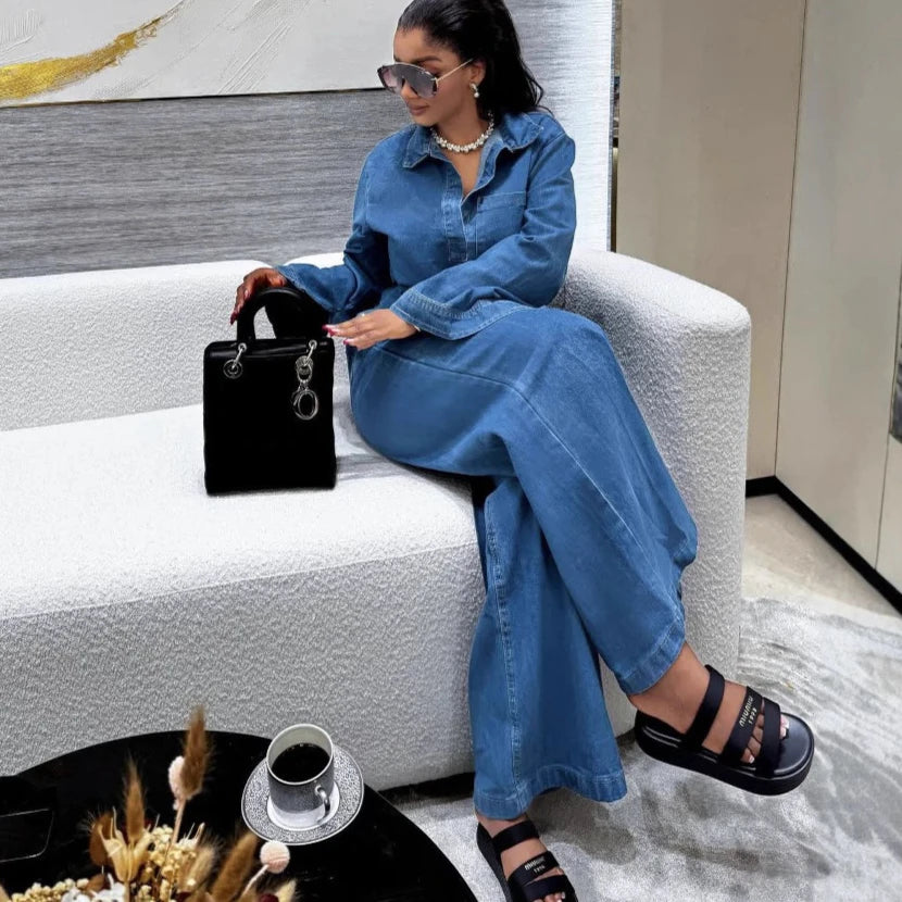 Women's Denim Co-Ord Set | Relaxed Fit Shirt & Wide Leg Trousers Matching Outfit