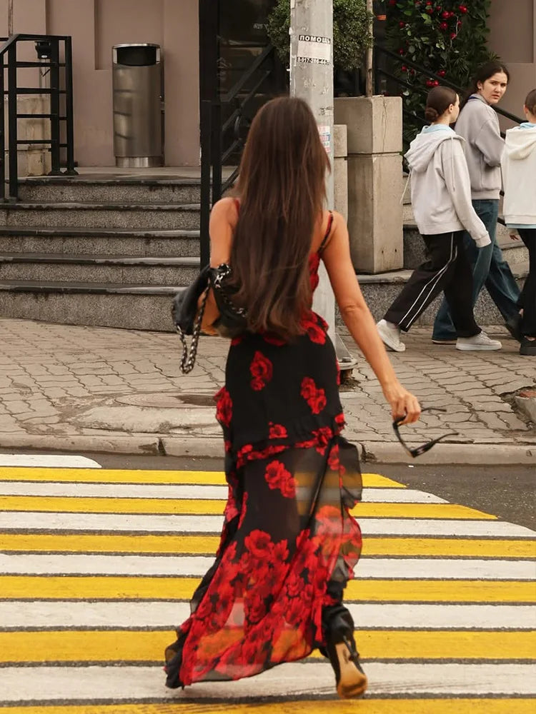 Red Black Floral Mini Dress Women | High Low Party Dress
