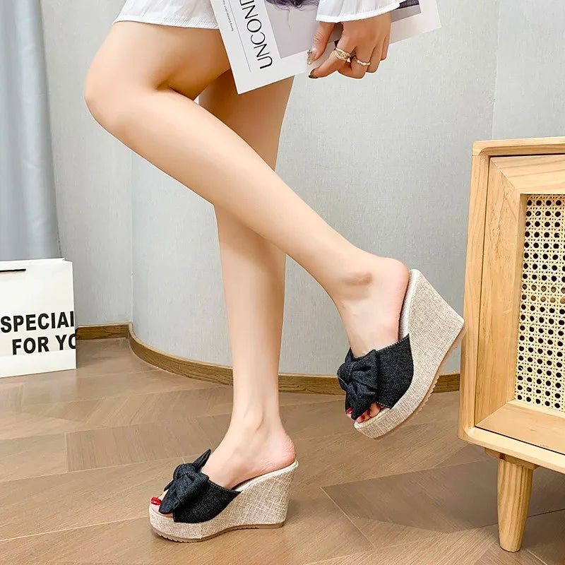 Women’s Bow Wedge Slide Sandals – Stylish Platform Slippers for Casual, Beach & Summer Wear