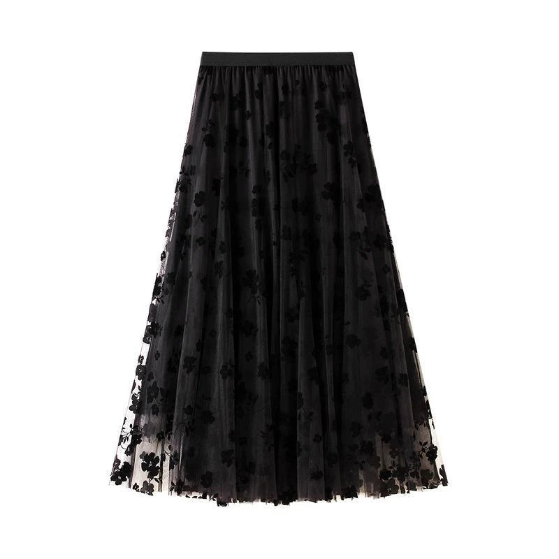 Women Floral Embroidered Tulle Maxi Skirt High Waist Mesh A Line Skirt