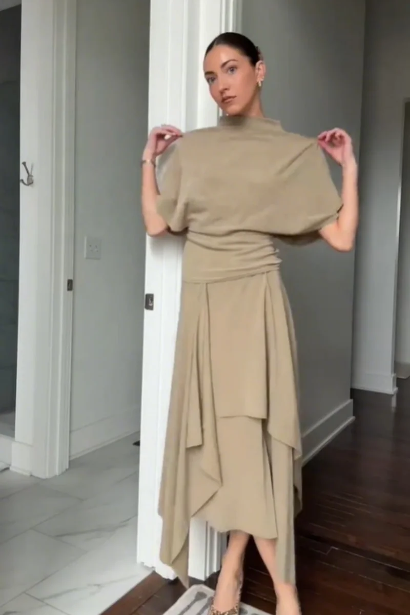 Women's Draped High Neck Top & Asymmetric Midi Skirt Co-Ord Set | Elegant Occasion Two Piece Outfit