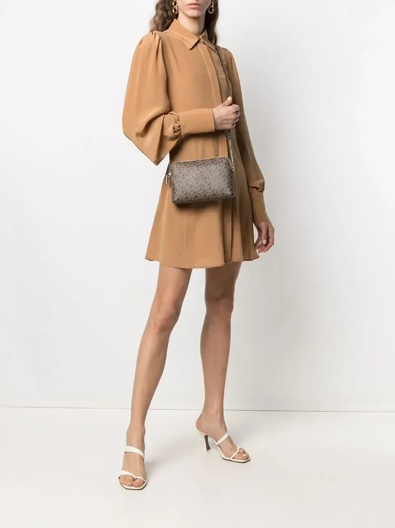 Beige Monogram Crossbody Bag for Women | Chain Strap Designer Style Shoulder Purse | Elegant Mini Messenger Handbag