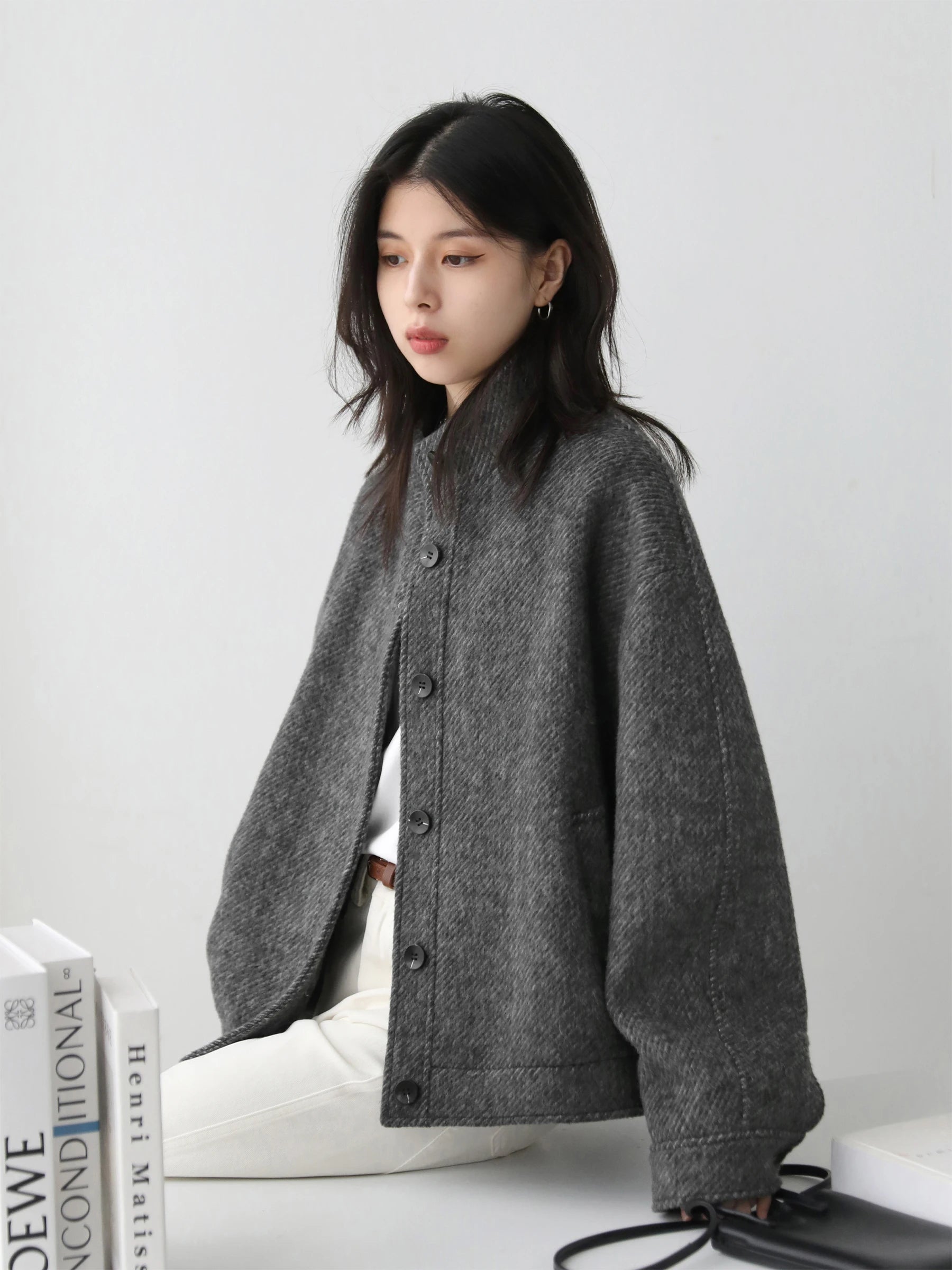 Women’s Minimalist Grey Wool Blend Jacket | Oversized Button Front Casual Coat