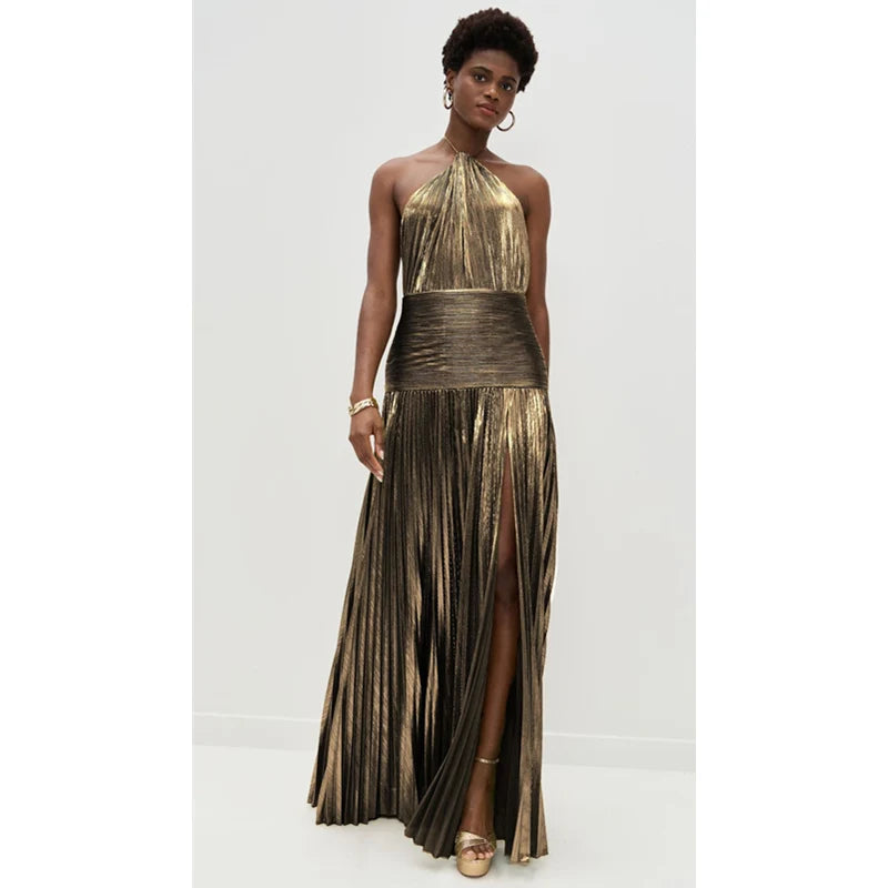 Halter Neck Pleated Maxi Dress Women | High Split Evening Party Dress