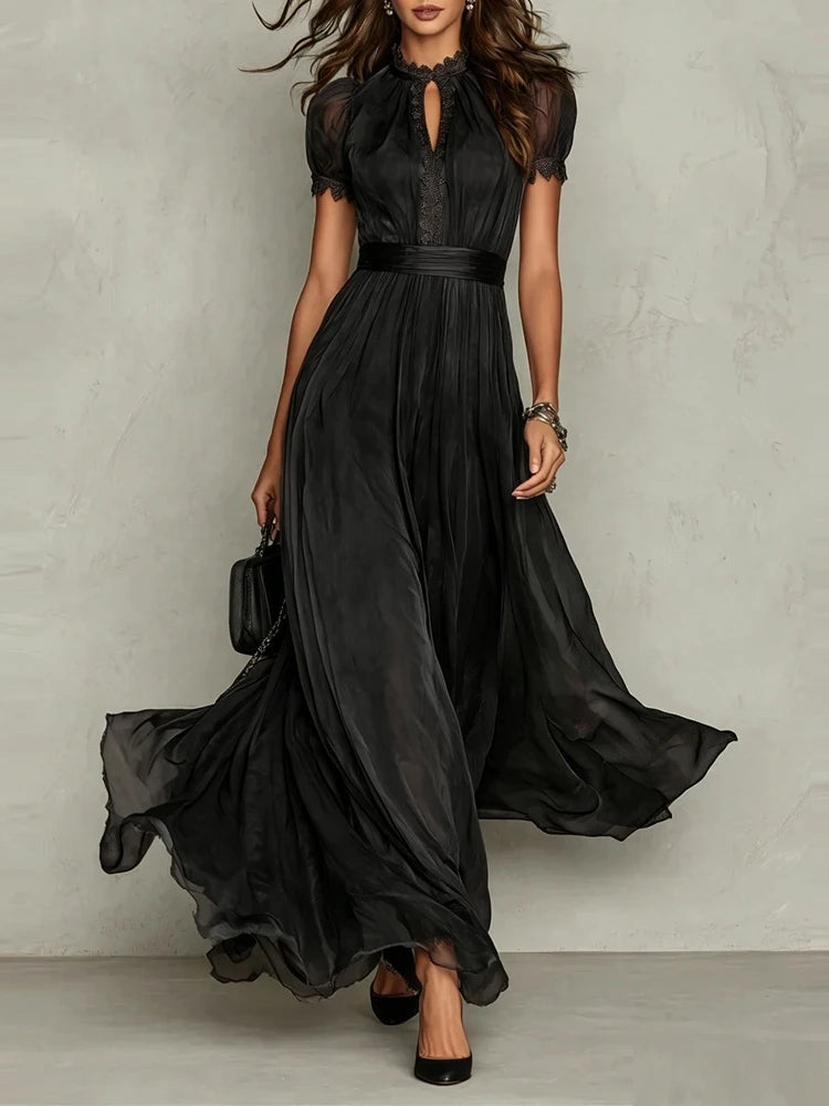 Women’s Vintage Plum Chiffon Maxi Dress | Elegant Puff Sleeve Pleated Formal Dress for Weddings, Evening Parties & Special Occasions