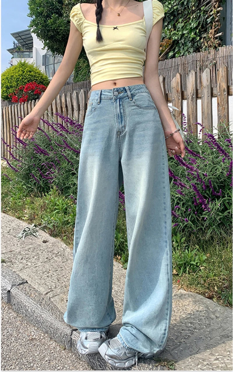Women High Waist Baggy Wide Leg Jeans Casual Loose Fit Denim Pants