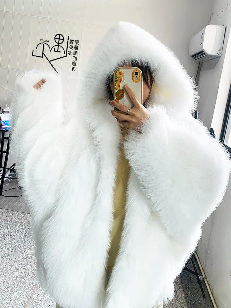 Women’s Oversized Faux Fur Hooded Coat | Plush Winter Cape Jacket