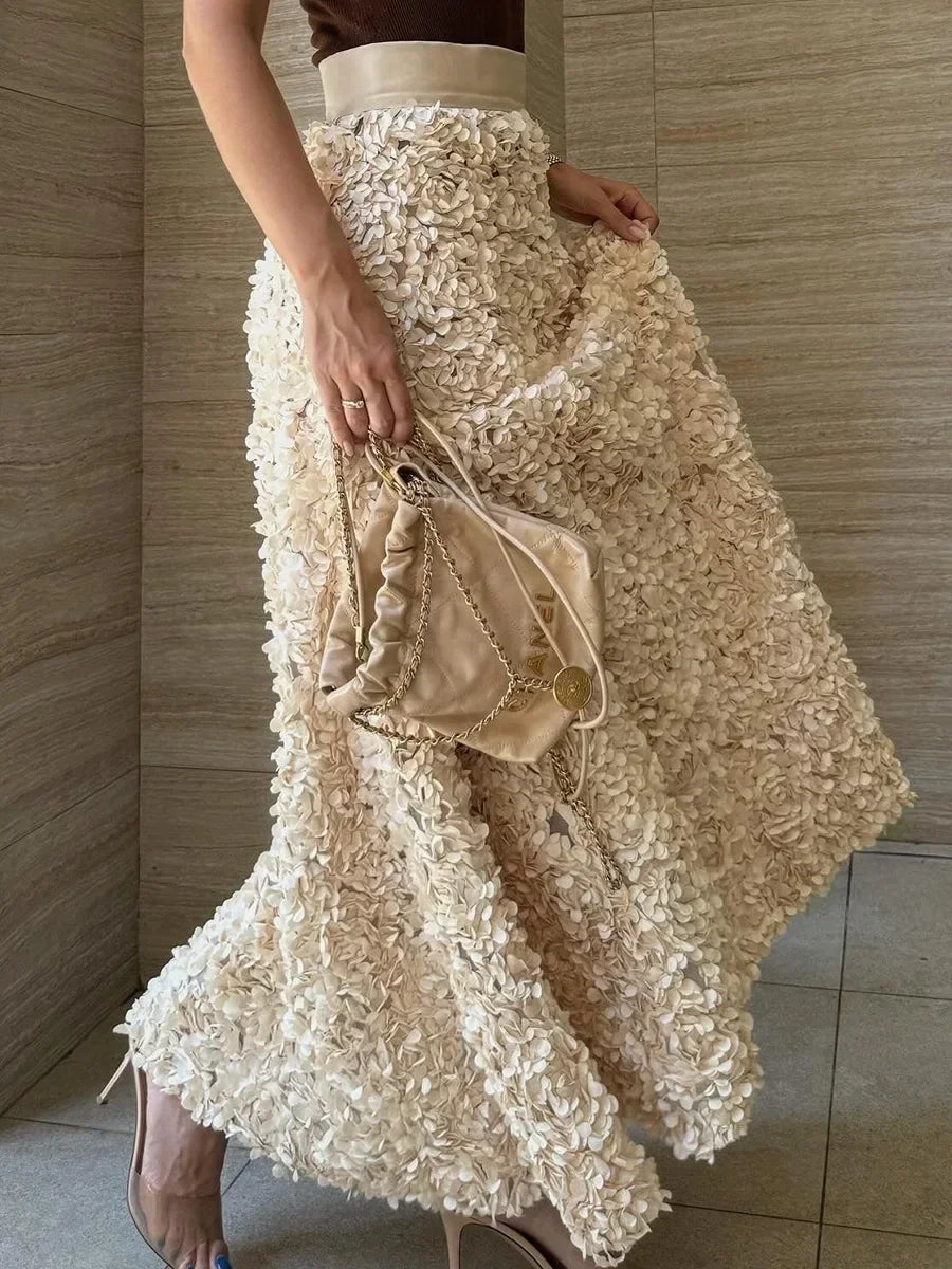 Women 3D Floral Applique Maxi Skirt High Waist Luxury A Line Long Skirt