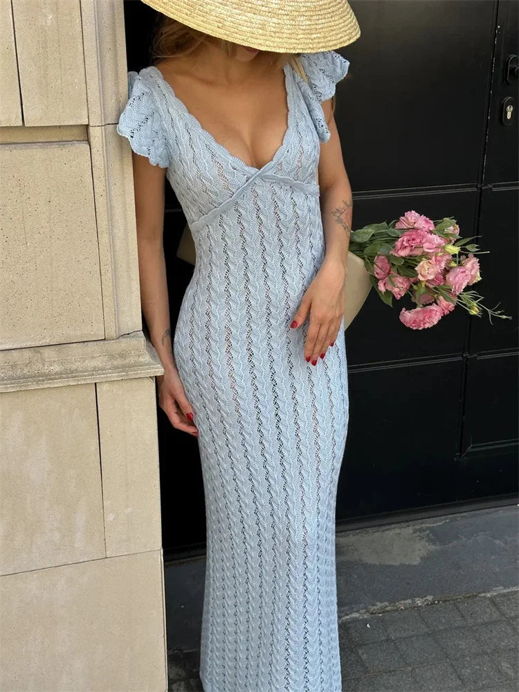 Women’s Cable Knit Maxi Dress | Ruffle Sleeve V-Neck Sweater Dress for Spring, Vacation & Elegant Casual Wear