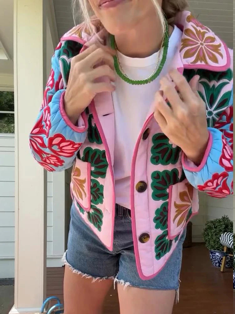 Women’s Boho Floral Quilted Jacket | Colorful Vintage Patchwork Lightweight Coat