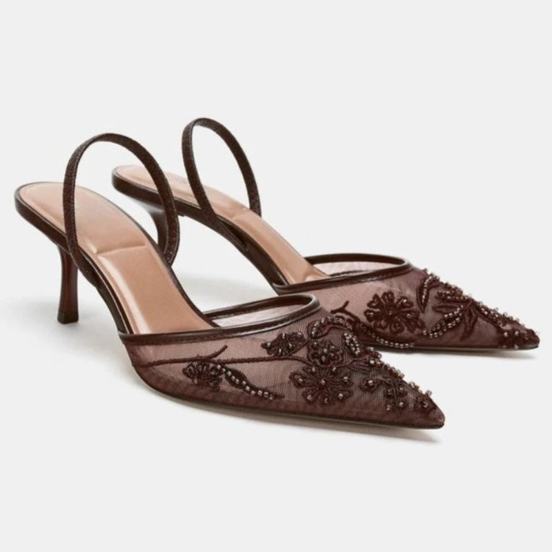 Women’s Embroidered Mesh Slingback Heels – Elegant Pointed Toe Party Pumps for Wedding & Evening Wear