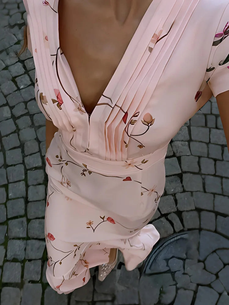 Women’s Blush Pink Floral Mermaid Midi Dress | Vintage Puff Sleeve V-Neck Elegant Wedding Guest Dress