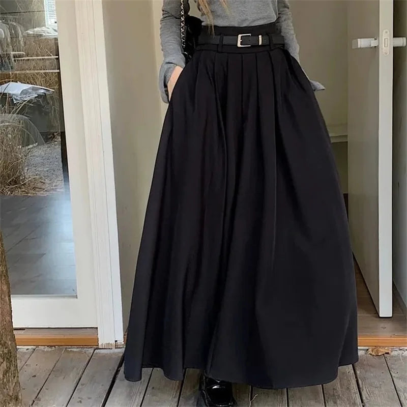 Women High Waist Flowy Maxi Skirt Elegant Pleated A Line Long Skirt