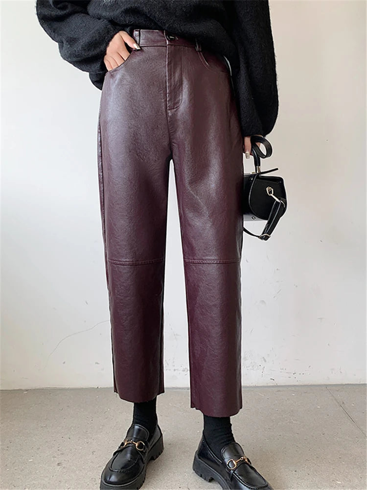 Women Faux Leather Straight Fit Pants High Waist Korean Style Trousers