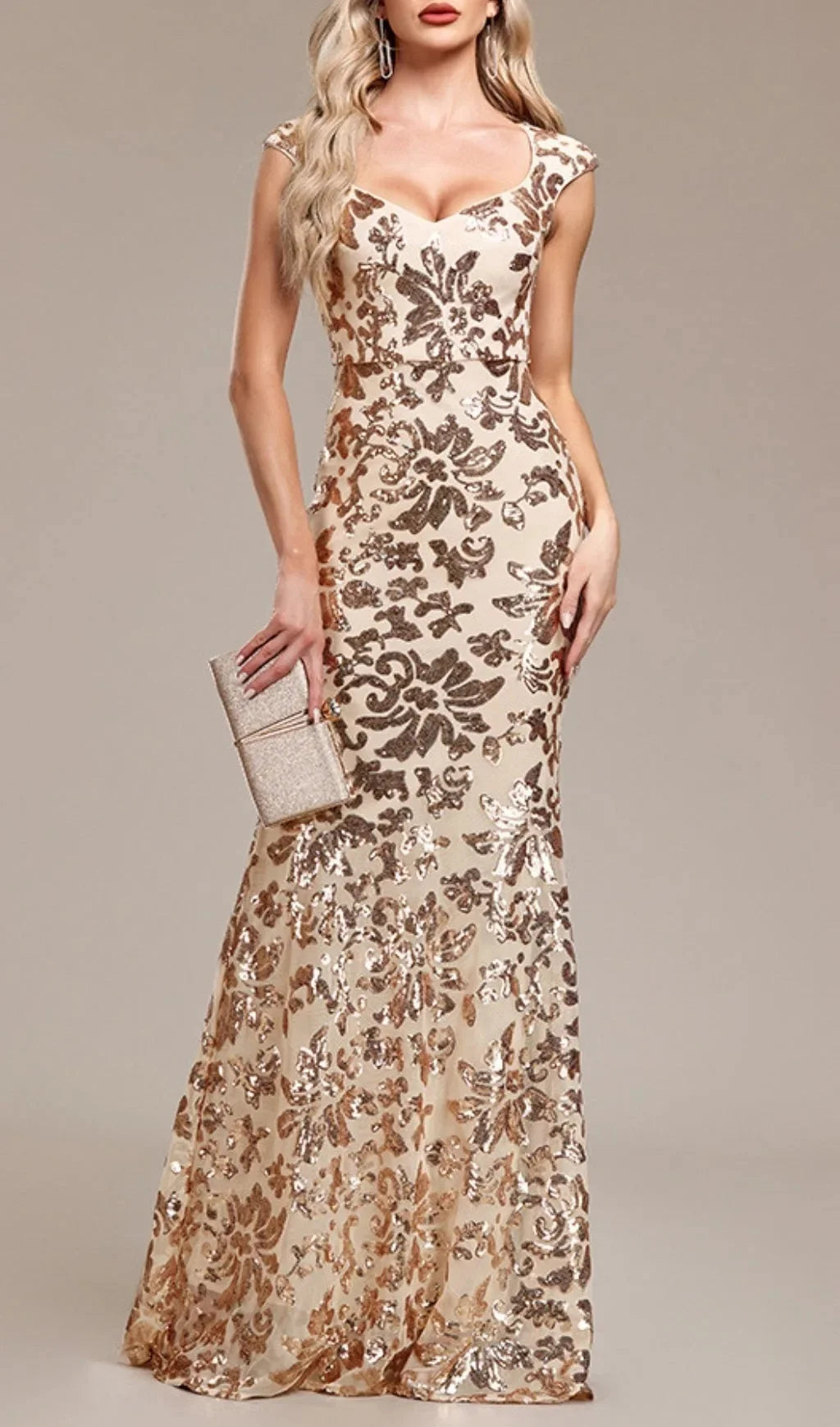 Women’s Champagne Gold Sequin Mermaid Evening Gown | Sweetheart Neck Formal Maxi Dress for Prom, Weddings, Galas & Black Tie Events