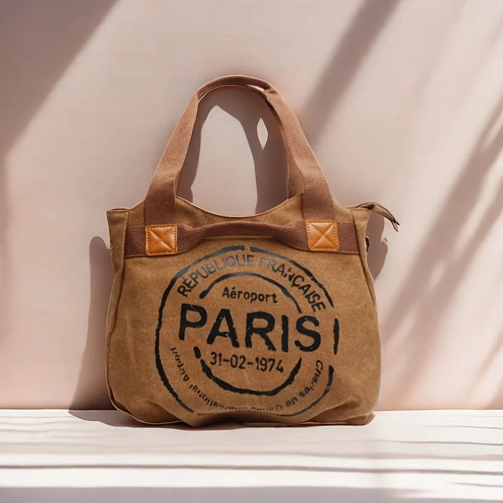 Vintage Canvas Tote Bag for Women | Casual Shoulder Handbag | Large Capacity Everyday Shopper Purse | Paris Print Travel Tote