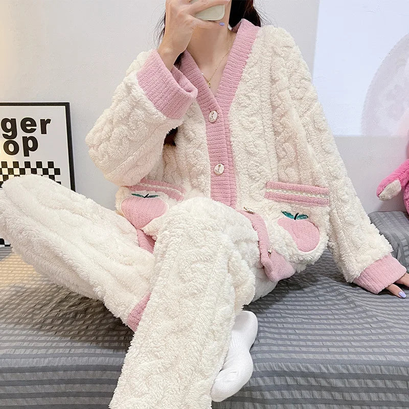 Women's Cable Knit Fleece Pyjama Set | Cozy Button Cardigan & Lounge Trousers Two Piece Set