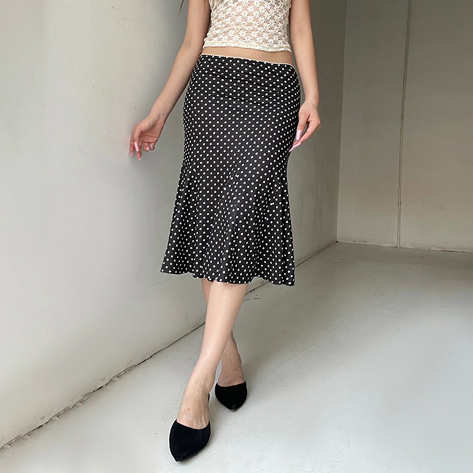 Women Polka Dot Mermaid Midi Skirt High Waist Vintage Flared Skirt