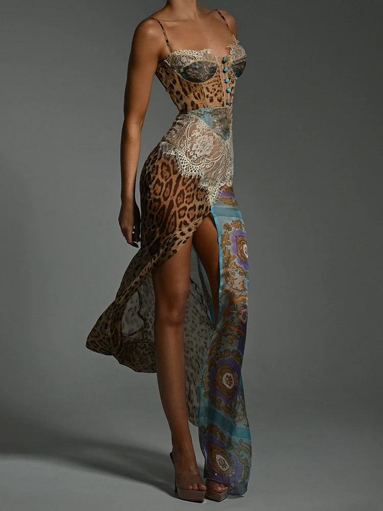 Women’s Leopard Print Corset Maxi Dress | Lace Patchwork High Slit Evening Gown for Parties, Vacations & Special Occasions