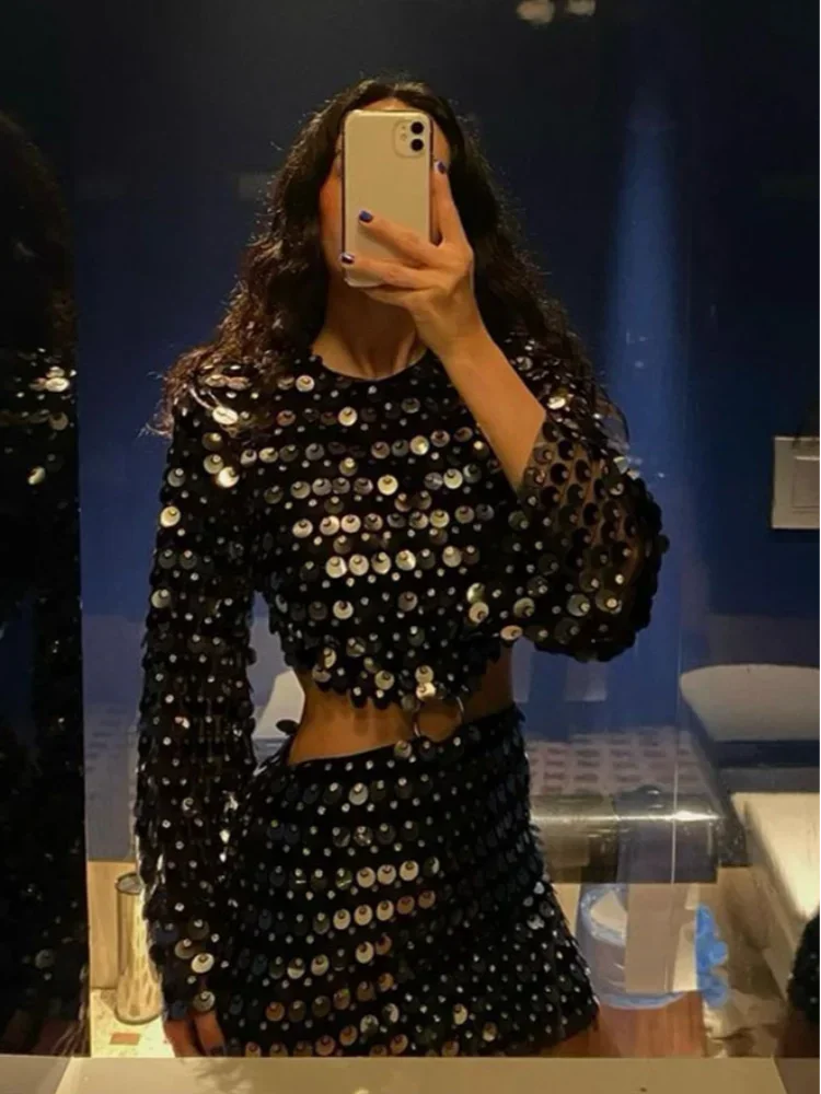Women’s Black Sequin Cut-Out Mini Dress | Long Sleeve Sparkly Party Dress for Clubwear, Birthdays & Night Out