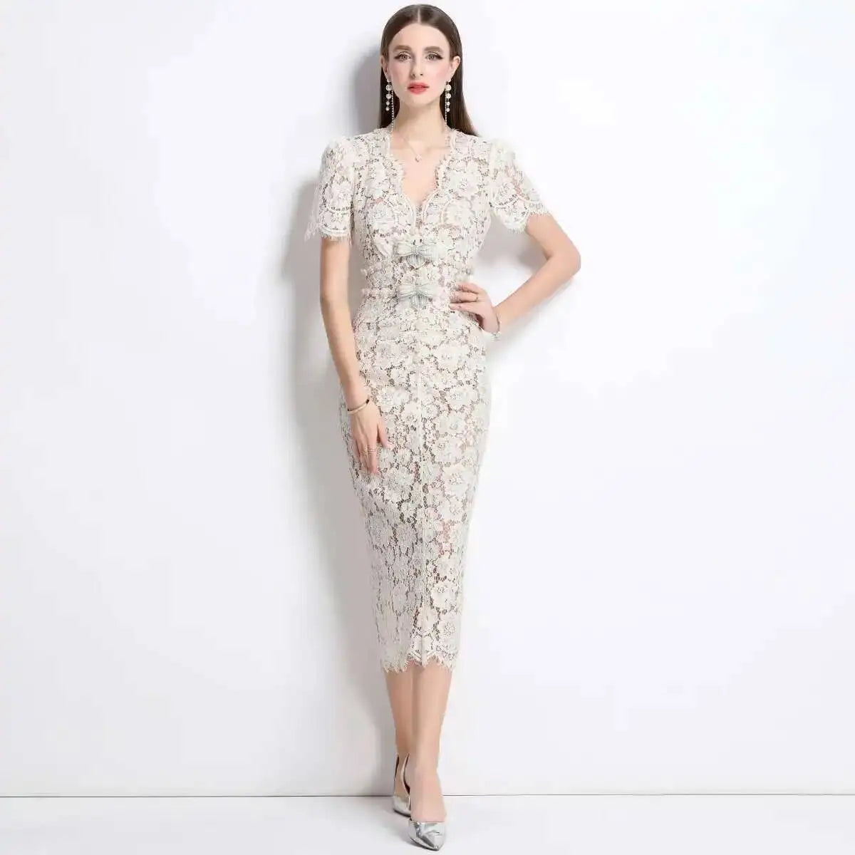 Lace Bodycon Midi Dress Women | Short Sleeve V Neck Elegant Party Dress