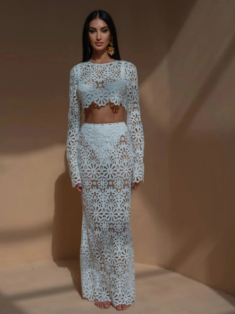 Women's Floral Lace Crop Top & Midi Skirt Co-Ord Set | Elegant Occasion Two Piece Outfit