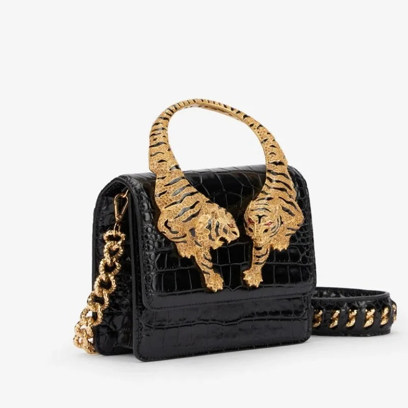 Luxury Tiger Handle Top Handle Bag for Women | Crocodile Embossed Crossbody Handbag | Designer Inspired Evening Shoulder Purse
