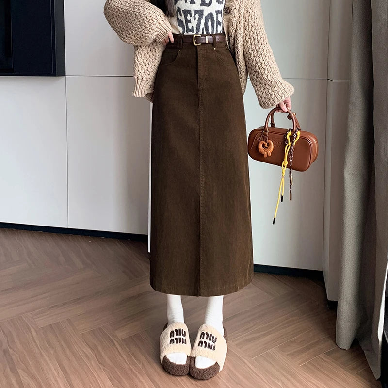 Women High Waist Corduroy Maxi Skirt Vintage Straight Fit Long Skirt