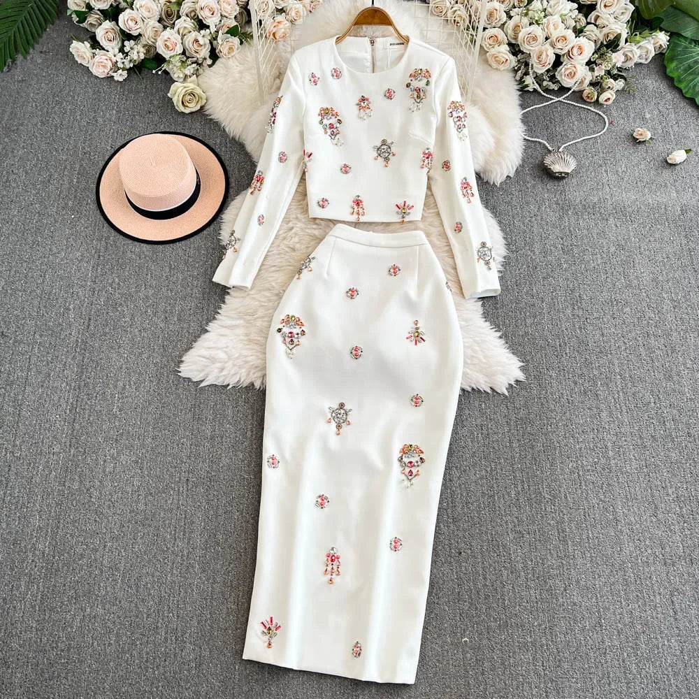 Women's Embellished Crop Top & Midi Pencil Skirt Co-Ord Set | Luxury Occasion Two Piece Outfit