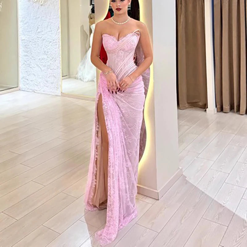 Women’s Blush Pink Lace Corset Evening Gown | Strapless High Slit Maxi Dress for Prom, Galas & Formal Events