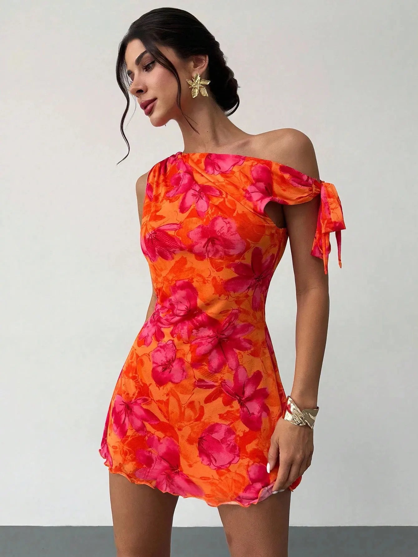 Women’s One-Shoulder Floral Mini Dress | Tropical Orange Pink Bodycon Summer Party Dress