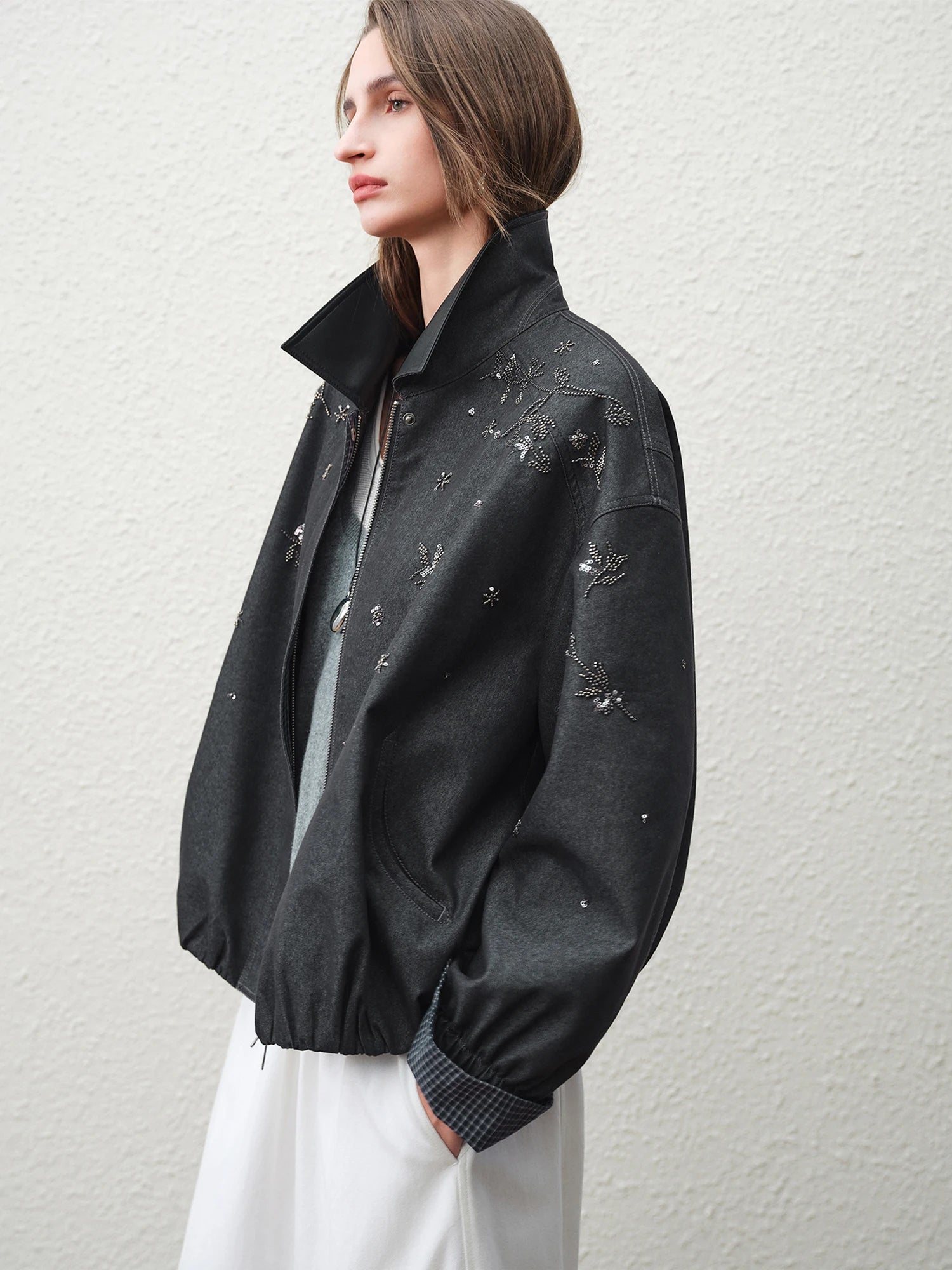 Women’s Embellished Bomber Jacket | Vintage Oversized Zip Up Casual Statement Outerwear