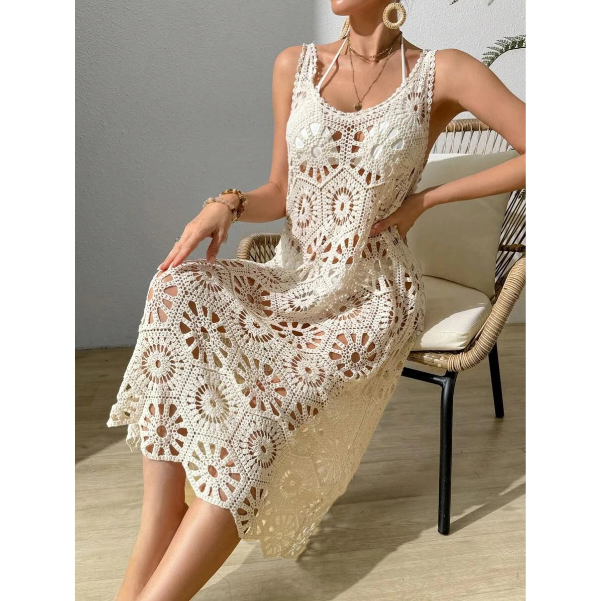 Boho Crochet Midi Dress | White Beach Vacation Dress