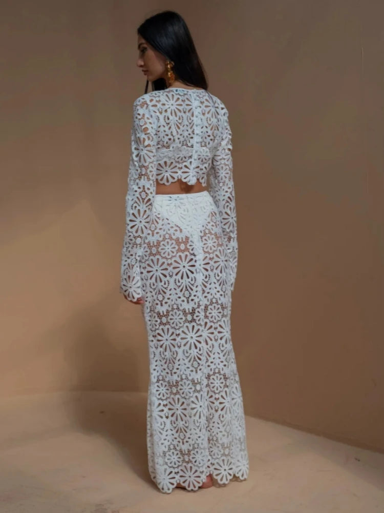 Women's Floral Lace Crop Top & Midi Skirt Co-Ord Set | Elegant Occasion Two Piece Outfit