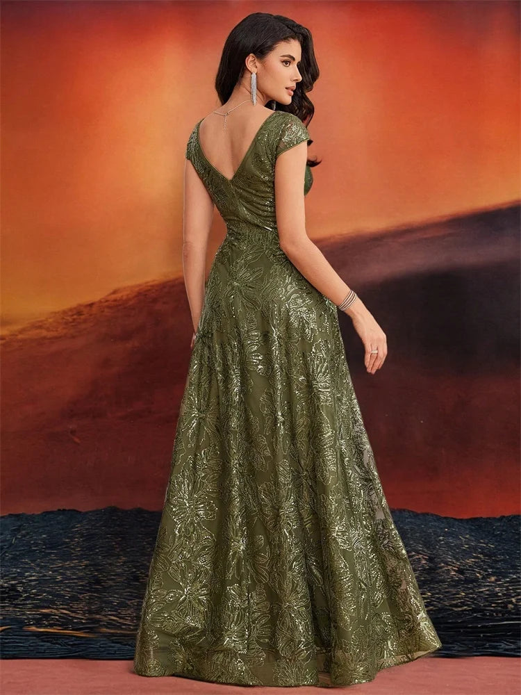 Women’s Olive Green Lace Evening Gown | V-Neck A-Line Formal Maxi Dress for Weddings, Mother of the Bride, Galas & Special Occasions