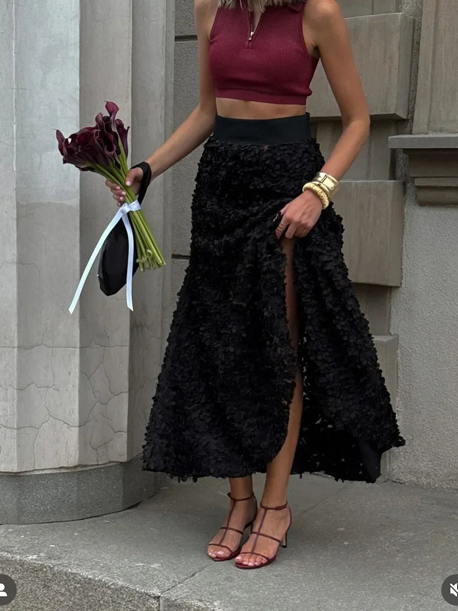 Women 3D Floral Applique Maxi Skirt High Waist Luxury A Line Long Skirt
