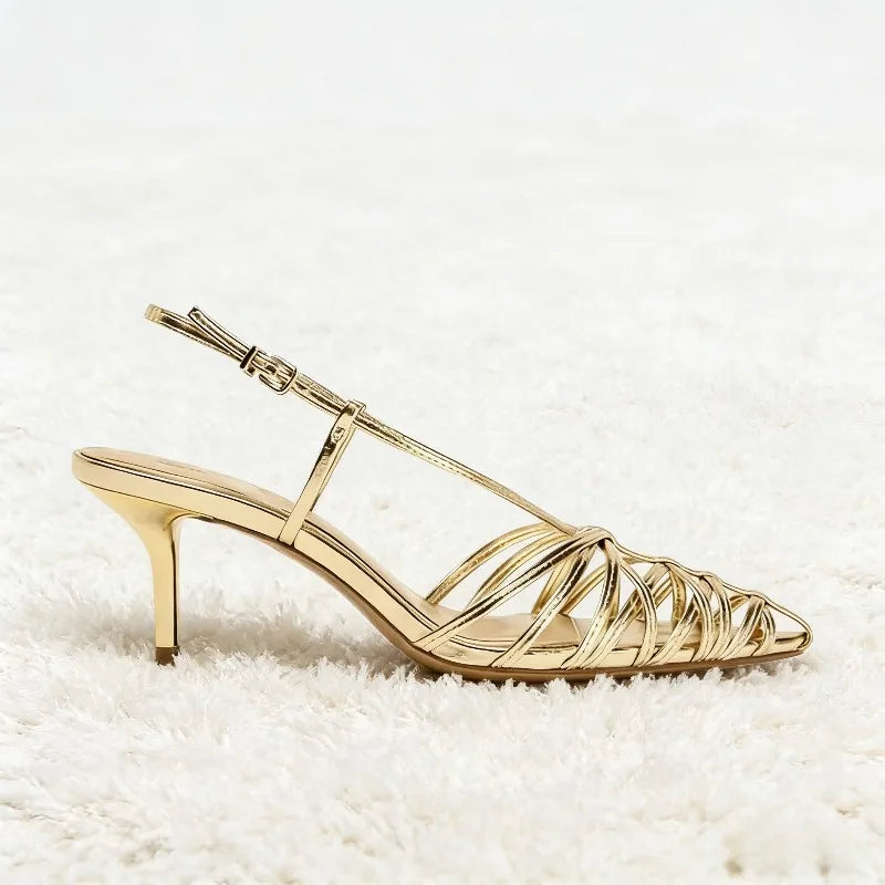 Women’s Metallic Strappy Kitten Heels – Elegant Pointed Toe Slingback Sandals for Party & Wedding Wear