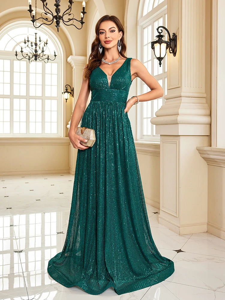 Women’s Emerald Green Glitter Chiffon Evening Gown | Sleeveless V-Neck Formal Maxi Dress for Weddings, Galas, Bridesmaids & Special Occasions