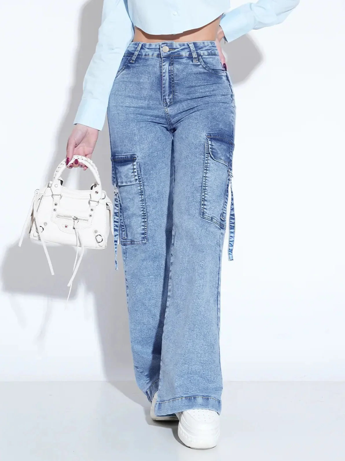Women High Waist Cargo Wide Leg Jeans Streetwear Baggy Denim Pants