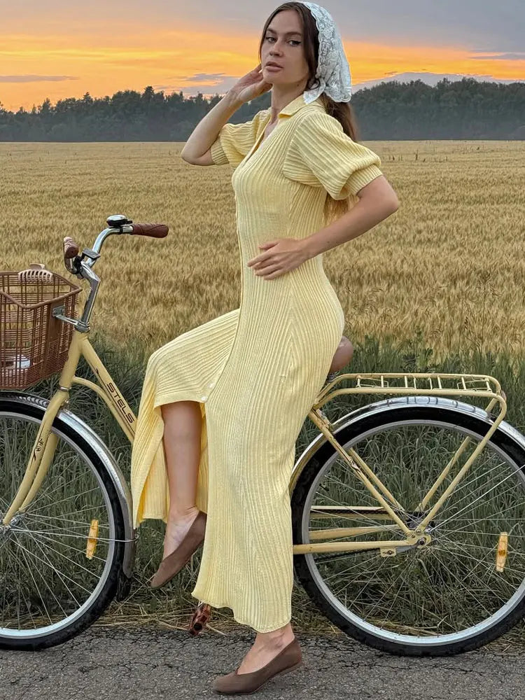 Women’s Butter Yellow Ribbed Knit Maxi Dress | Button Front Collared Summer Dress with Side Slit for Casual & Vacation Wear