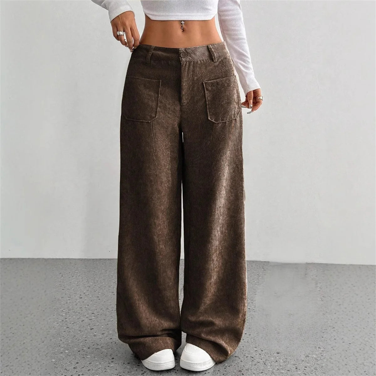 Women High Waist Corduroy Wide Leg Pants Casual Relaxed Fit Trousers